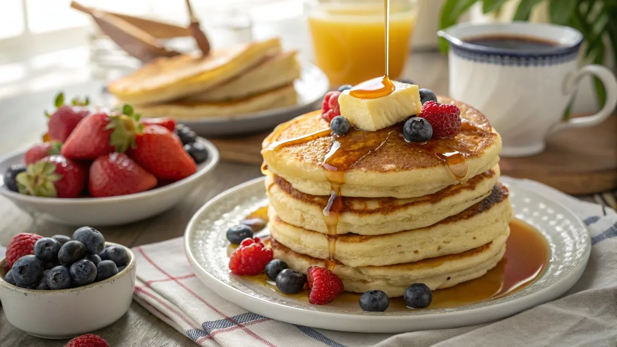 Stack of golden pancakes with butter, syrup, and fresh berries on a breakfast table