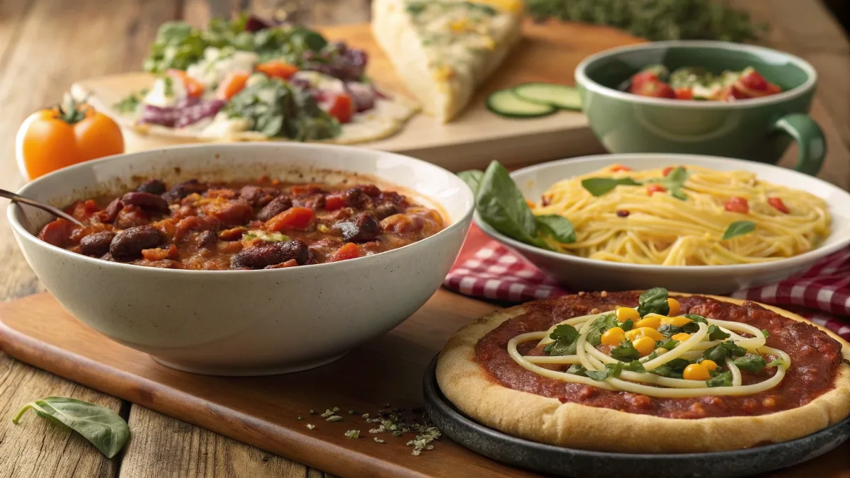 A selection of plant-based comfort foods, including vegan chili, pasta, pizza, and salad on a wooden table.