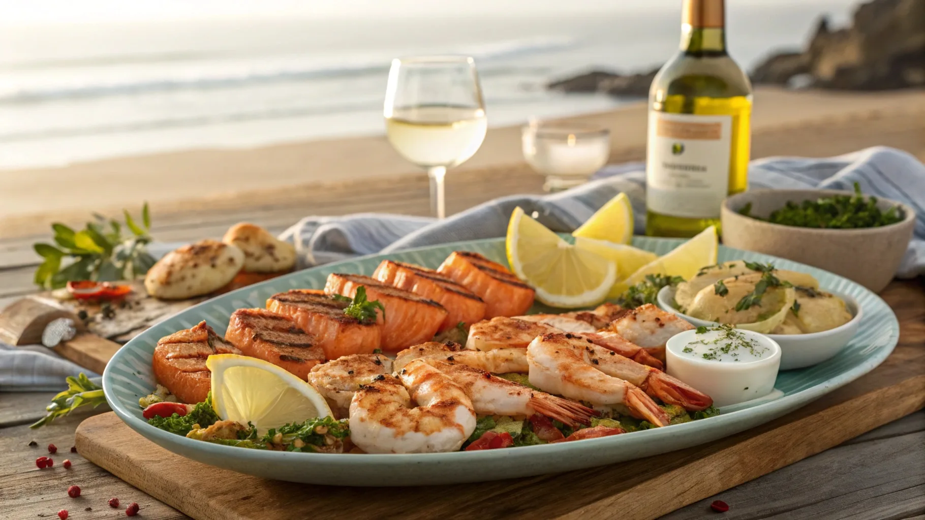 Grilled shrimp, salmon, and scallops drizzled with garlic butter, lemon herb, and spicy Cajun sauces on a rustic wooden table.