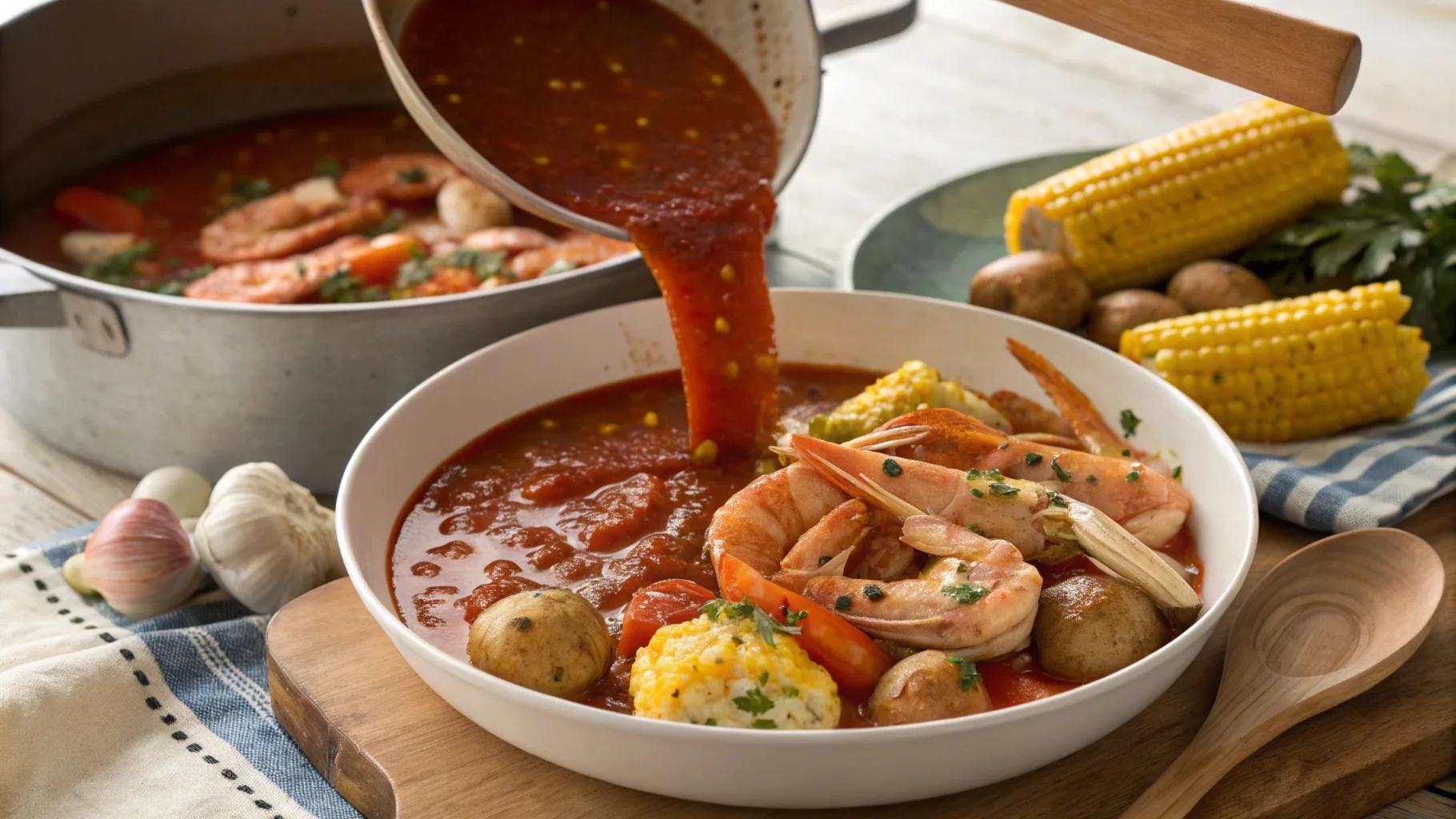 Rich seafood boil sauce being poured over shrimp, crab, corn, and potatoes in a rustic kitchen setting.