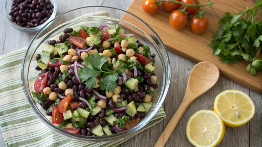 Vibrant dense bean salad with chickpeas, black beans, cucumbers, and tomatoes, topped with fresh parsley.