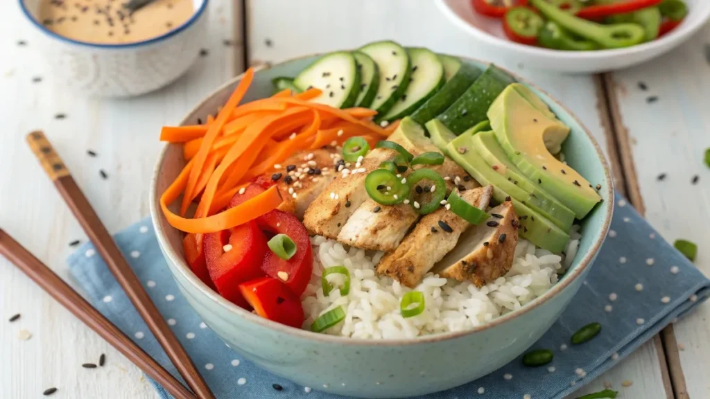 A top-down view of a rice bowl with grilled chicken, roasted vegetables, sliced cucumber, avocado, and creamy sriracha sauce, garnished with sesame seeds.