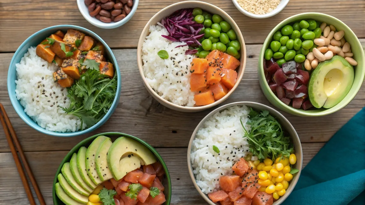 A top-down view of different rice bowls with sushi rice, jasmine rice, brown rice, and wild rice, topped with colorful toppings like vegetables, salmon, and avocado.