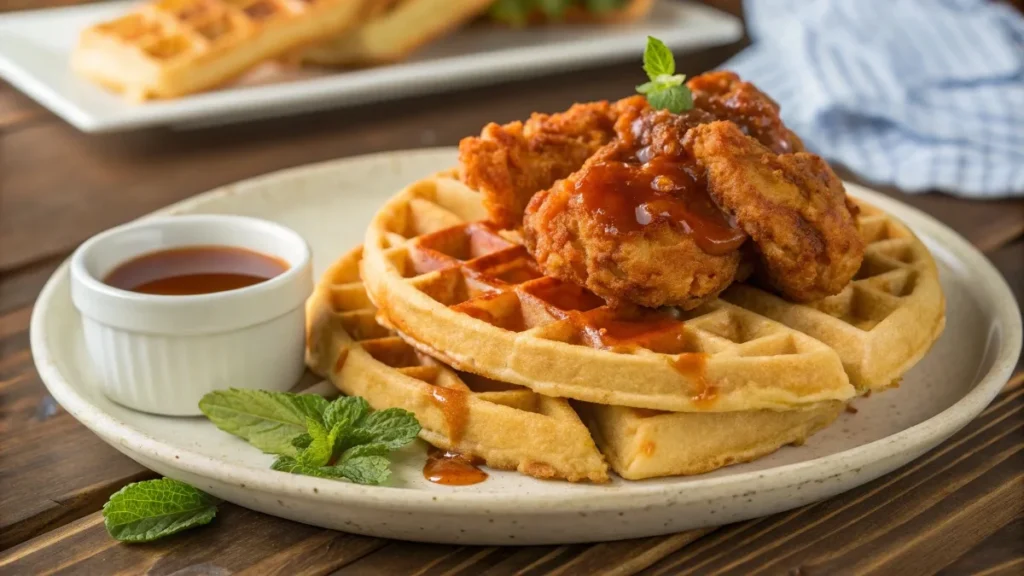 Buffalo chicken tenders served on golden waffles with a drizzle of maple syrup and a side of syrup in a ramekin.