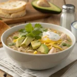 A bowl of thick white chicken chili garnished with cilantro, avocado, shredded cheese, and sour cream, served with cornbread on a rustic table.