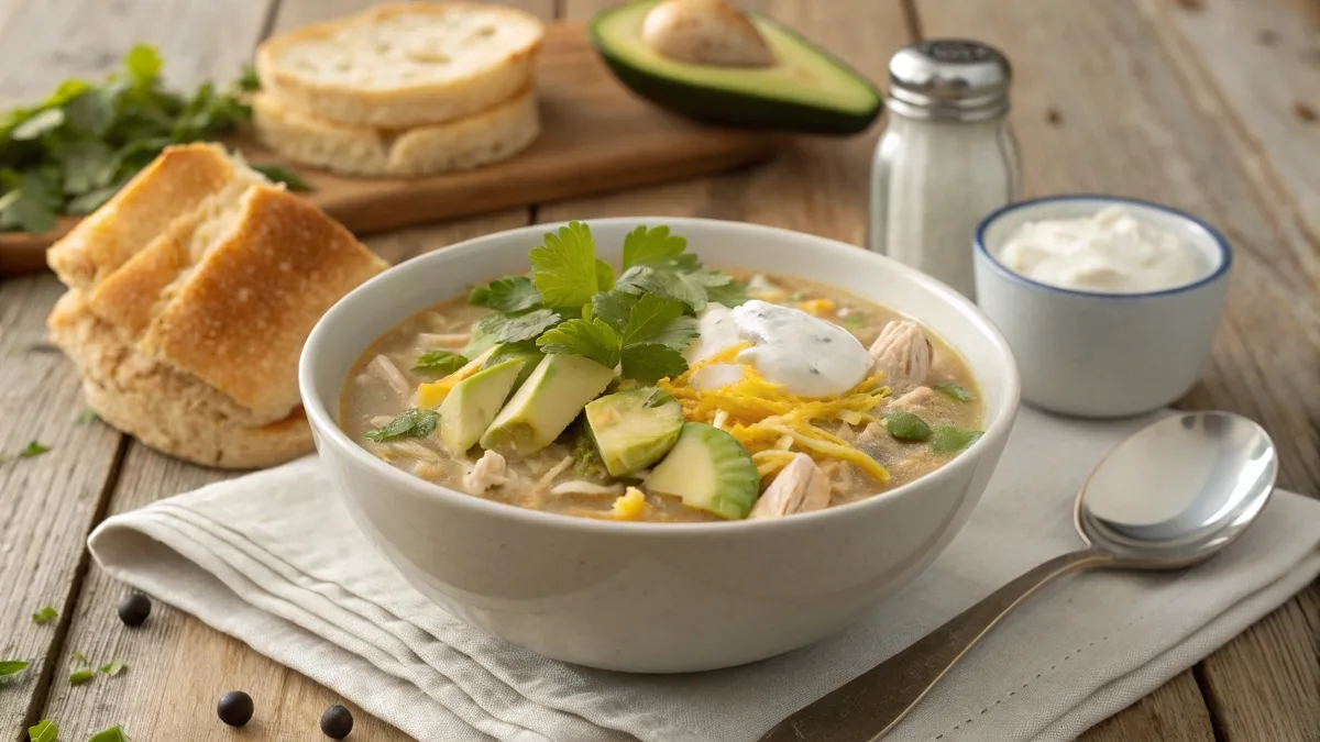 A bowl of thick white chicken chili garnished with cilantro, avocado, shredded cheese, and sour cream, served with cornbread on a rustic table.