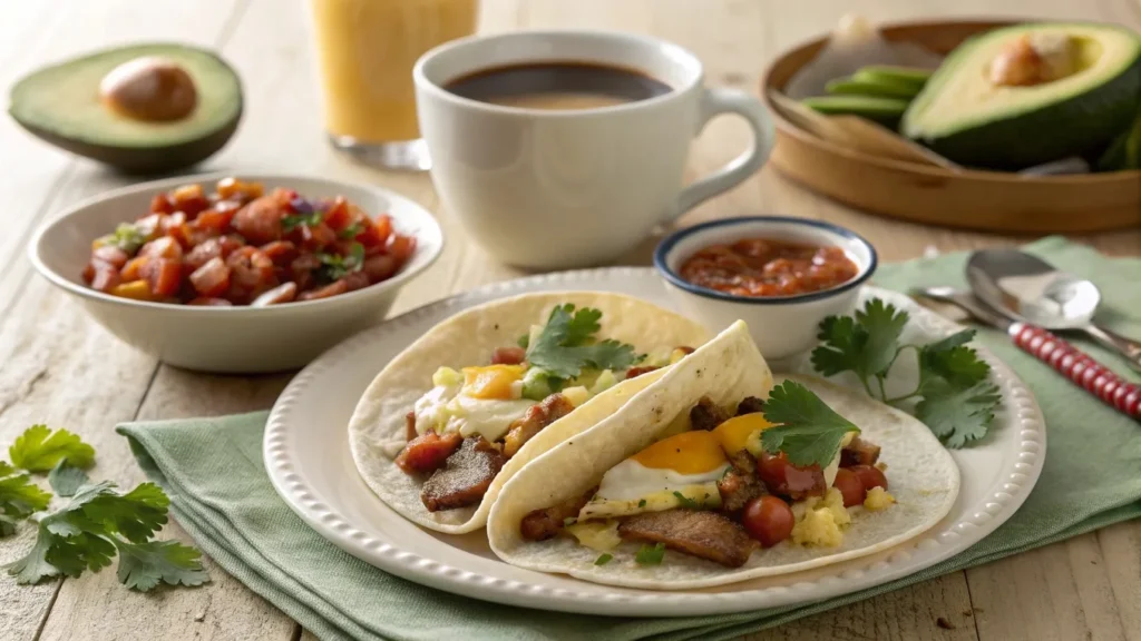 A cozy breakfast table with a plate of bacon and egg and chorizo and potato tacos, a cup of coffee, and fresh ingredients like avocado and cilantro.