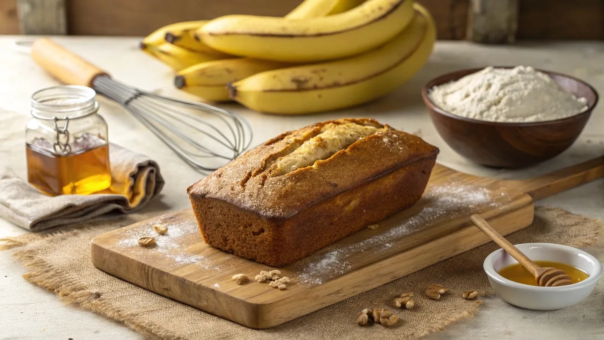 Freshly baked banana bread on a wooden cutting board with ripe bananas, baking tools, and honey, showcasing the perfect homemade breakfast or dessert.