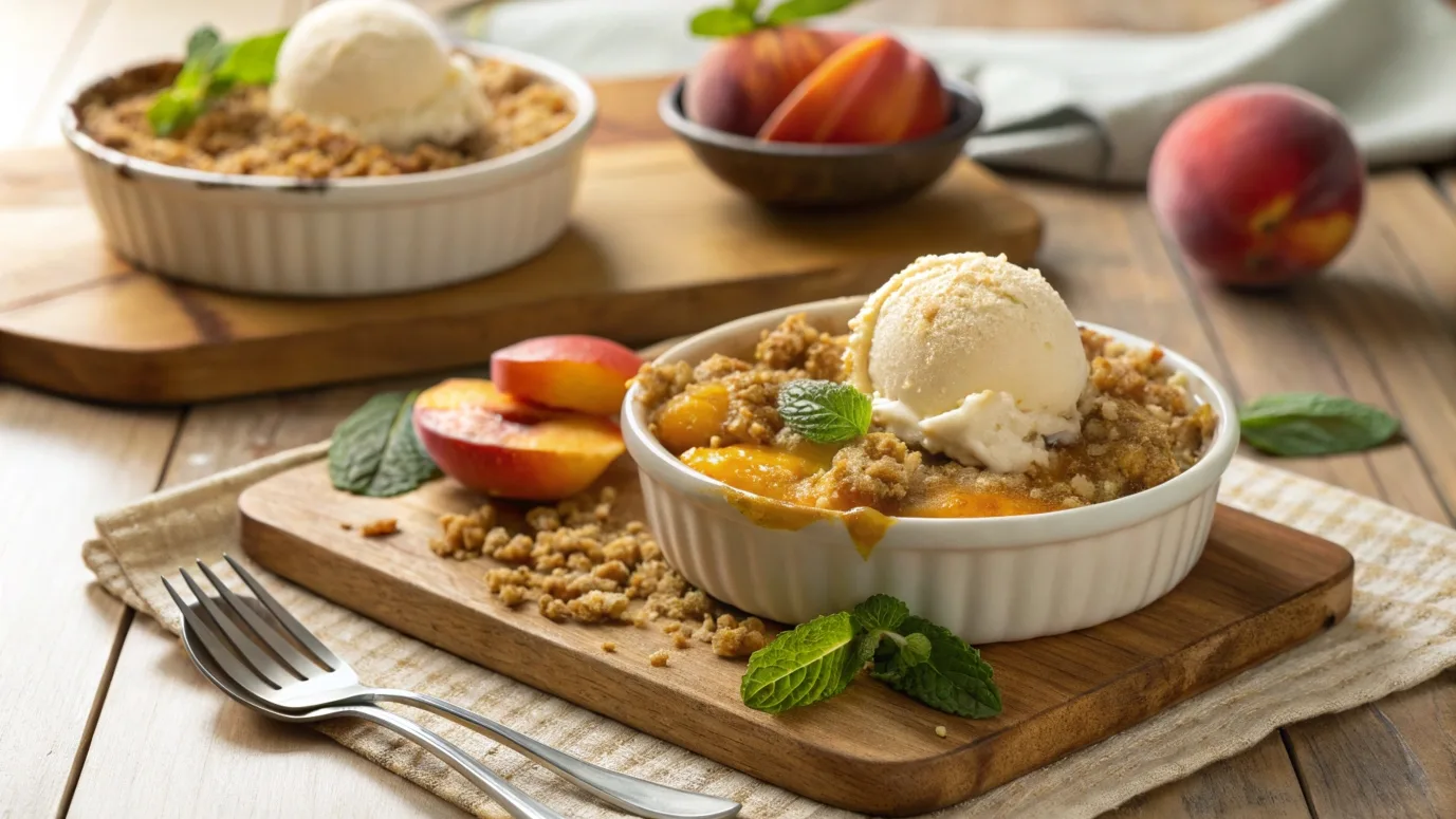 Freshly baked peach crumble and peach crisp with vanilla ice cream, garnished with mint leaves, on a rustic wooden table.