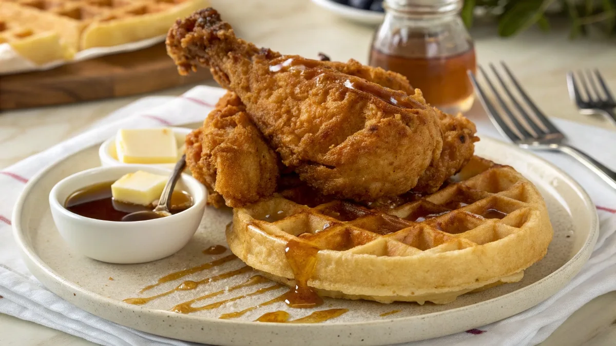 Plate of crispy fried chicken and waffles drizzled with maple syrup.