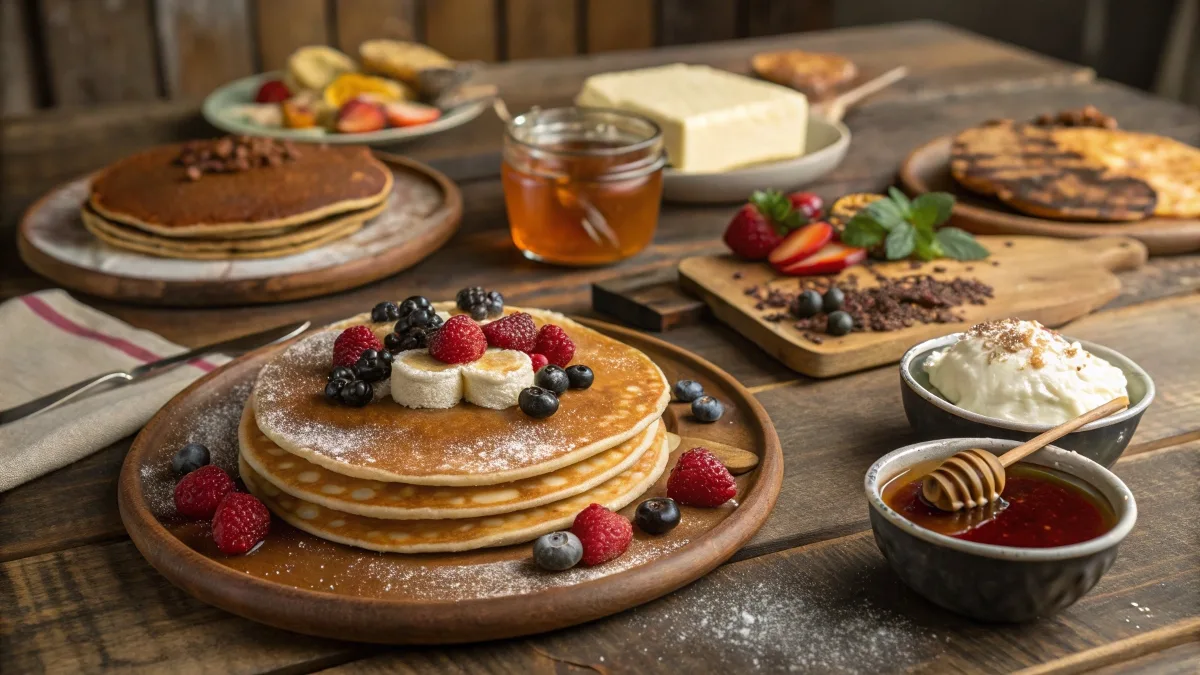 A rustic table with a global pancake spread featuring Greek tagenites, French crepes, Ethiopian injera, American flapjacks, and Russian blini with toppings.