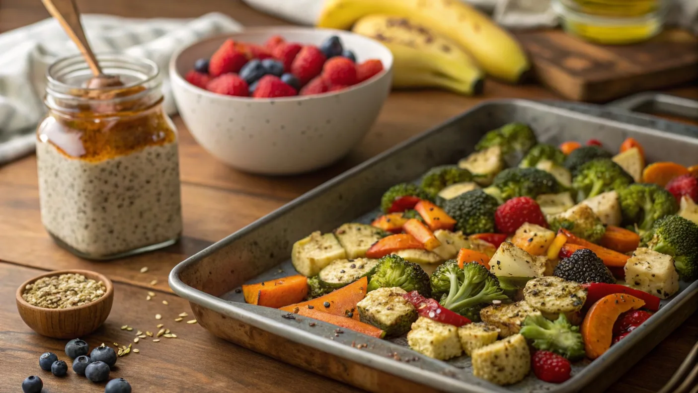 A mason jar filled with creamy overnight oats topped with fresh berries, chia seeds, and honey, surrounded by nuts and bananas on a rustic wooden table.