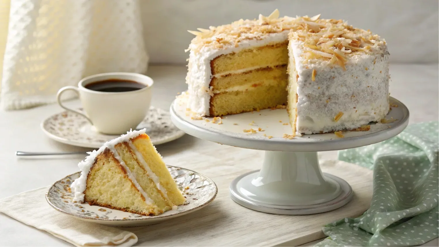 A moist and creamy Coconut Poke Cake with coconut frosting and toasted shredded coconut, displayed on a rustic wooden table with tropical decorations.