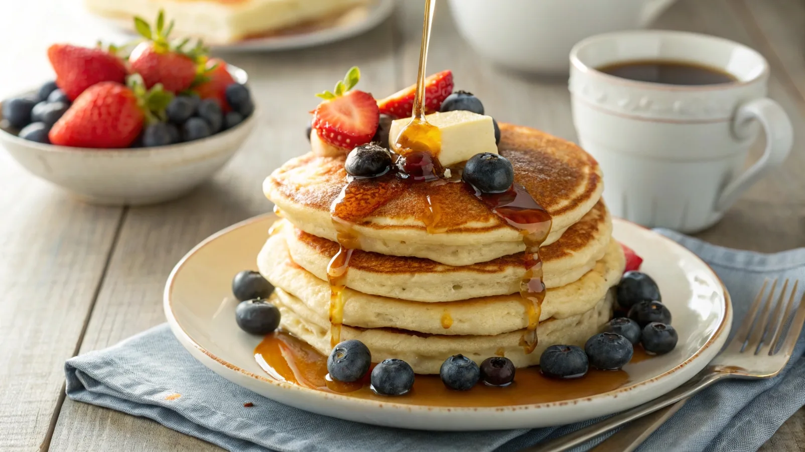 A stack of fluffy golden pancakes topped with fresh blueberries, strawberries, and melting butter, drizzled with maple syrup.