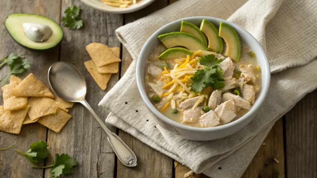 A bowl of white chicken chili garnished with shredded cheese, avocado, cilantro, and tortilla chips on a wooden table.
