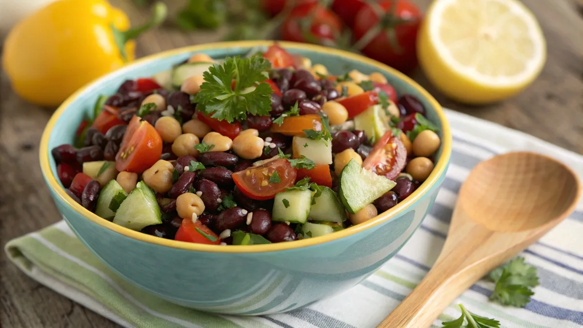 A vibrant bowl of dense bean salad with black beans, chickpeas, kidney beans, cherry tomatoes, and fresh parsley.