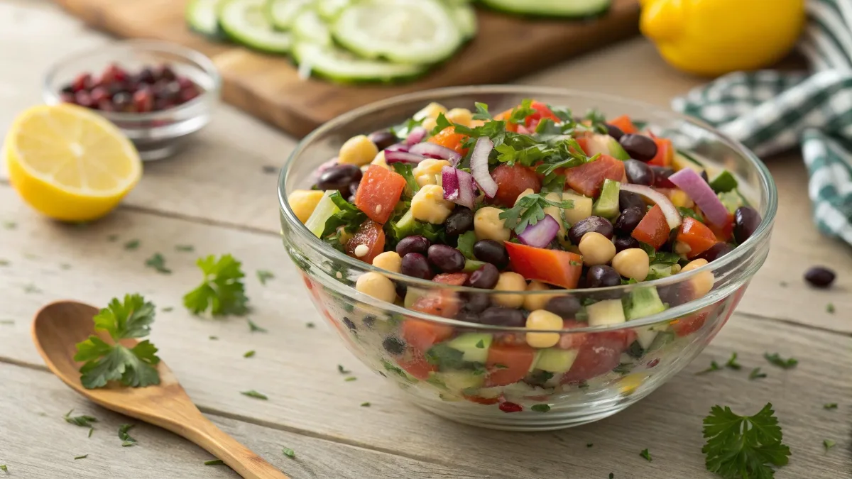 Vibrant dense bean salad with chickpeas, black beans, and fresh vegetables.