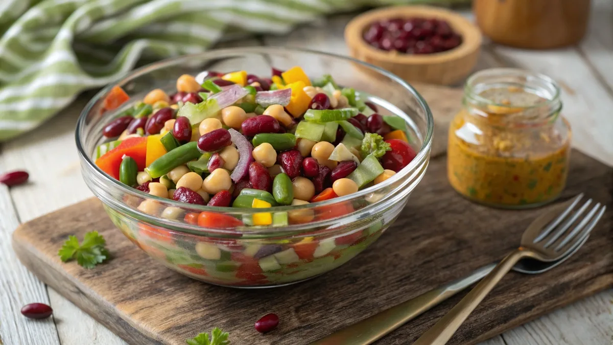 Fresh bean salad in a glass bowl with colorful ingredients and vinaigrette on a wooden table.