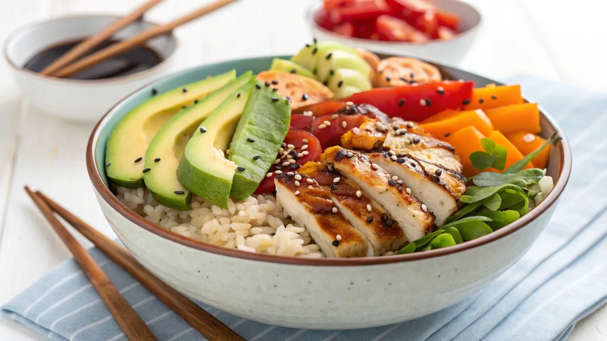 A colorful rice bowl with grilled chicken, avocado, roasted vegetables, sesame seeds, and a drizzle of sauce.