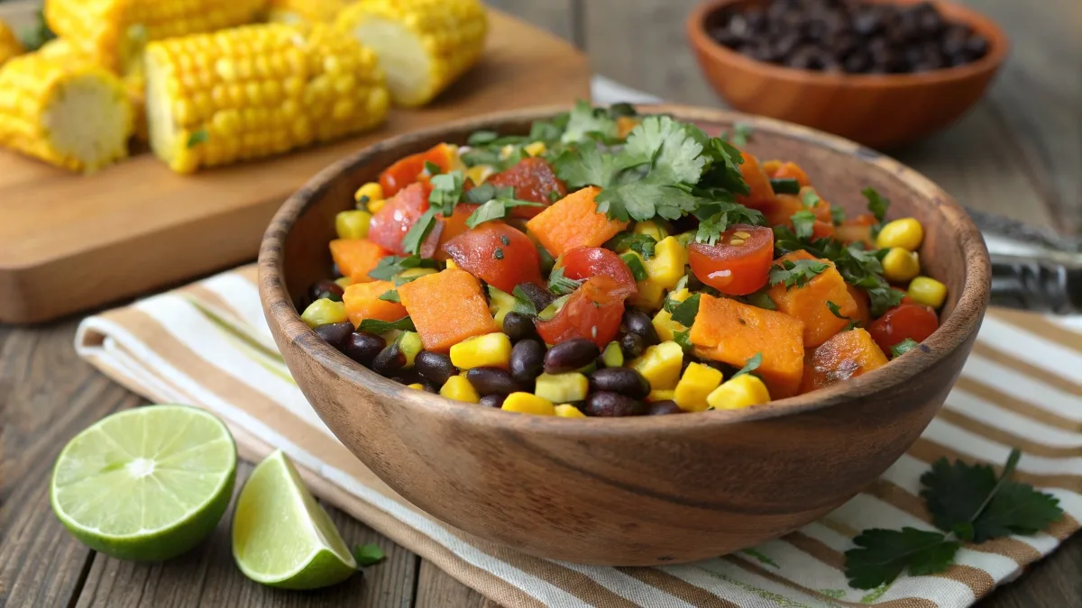 Three Sacred Sisters Salad featuring corn, beans, and squash in a rustic bowl.