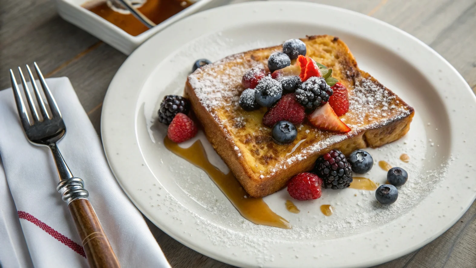 Golden-brown French toast topped with fresh berries, powdered sugar, and maple syrup on a white plate.