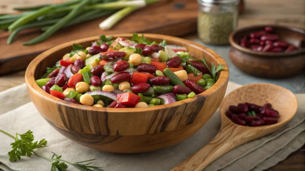  Freshly prepared bean salad in a wooden bowl with colorful ingredients and a tangy vinaigrette, styled with rustic kitchen decor.