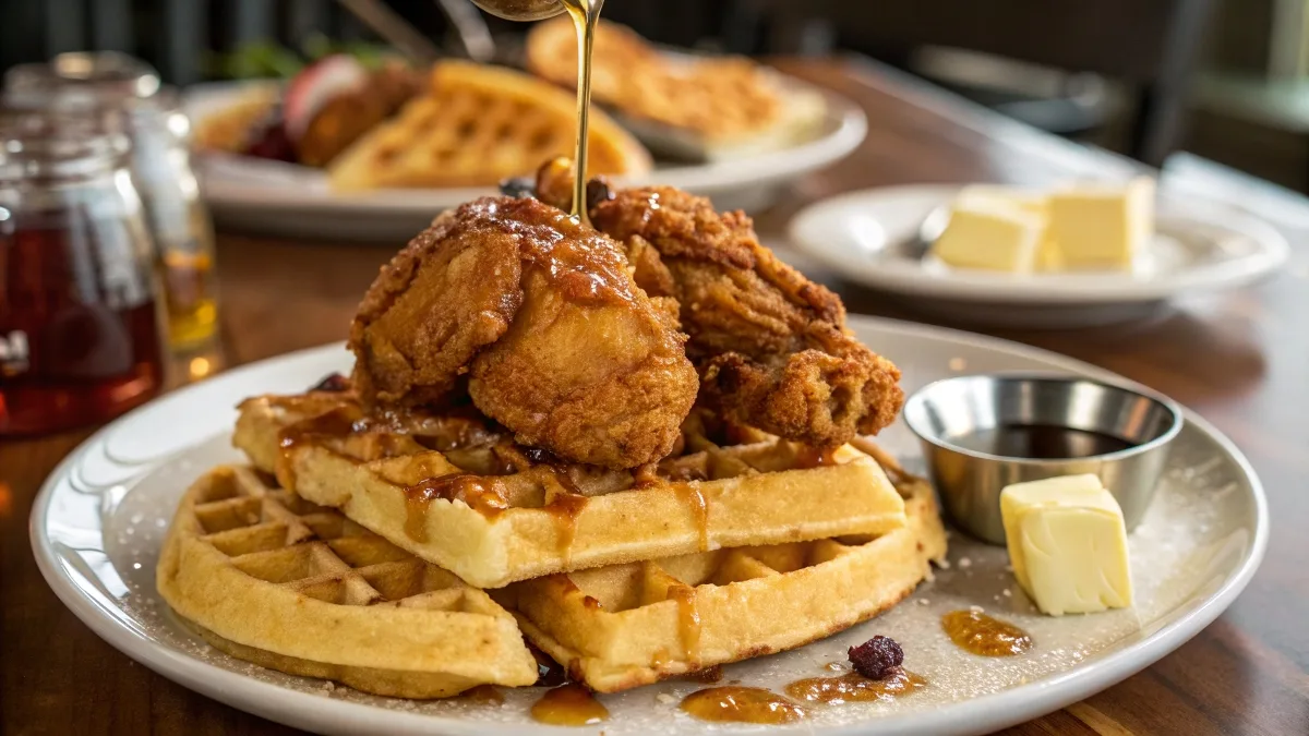 Plate of fried chicken and waffles drizzled with maple syrup.