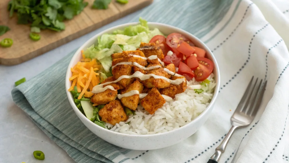 Buffalo Chicken Rice Bowl with vibrant toppings and a drizzle of ranch dressing.