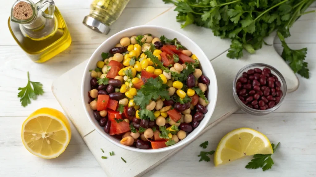 Overhead view of a colorful bean salad with beans, vegetables, and parsley in a white bowl