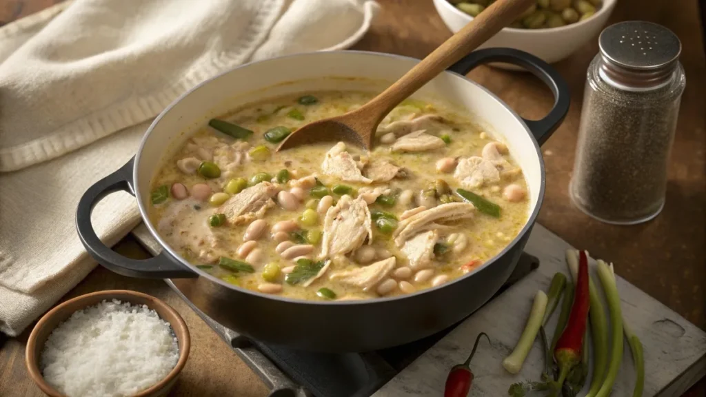 A pot of white chicken chili simmering on the stovetop, with chunks of chicken, beans, and green chilies, surrounded by kitchen props.