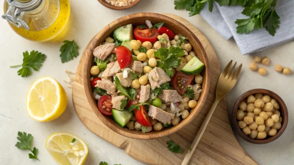 Overhead view of high-protein tuna and chickpea salad in a rustic bowl with fresh vegetables and lemon wedges.