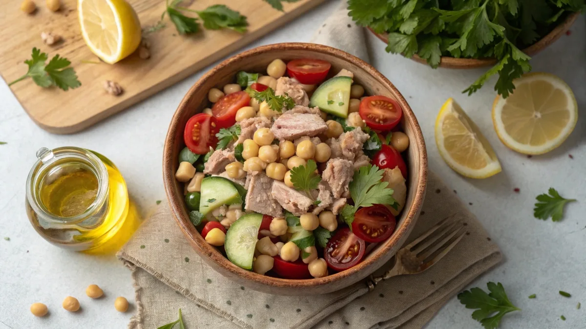 High-protein tuna and chickpea salad with fresh vegetables and lemon dressing in a rustic bowl.