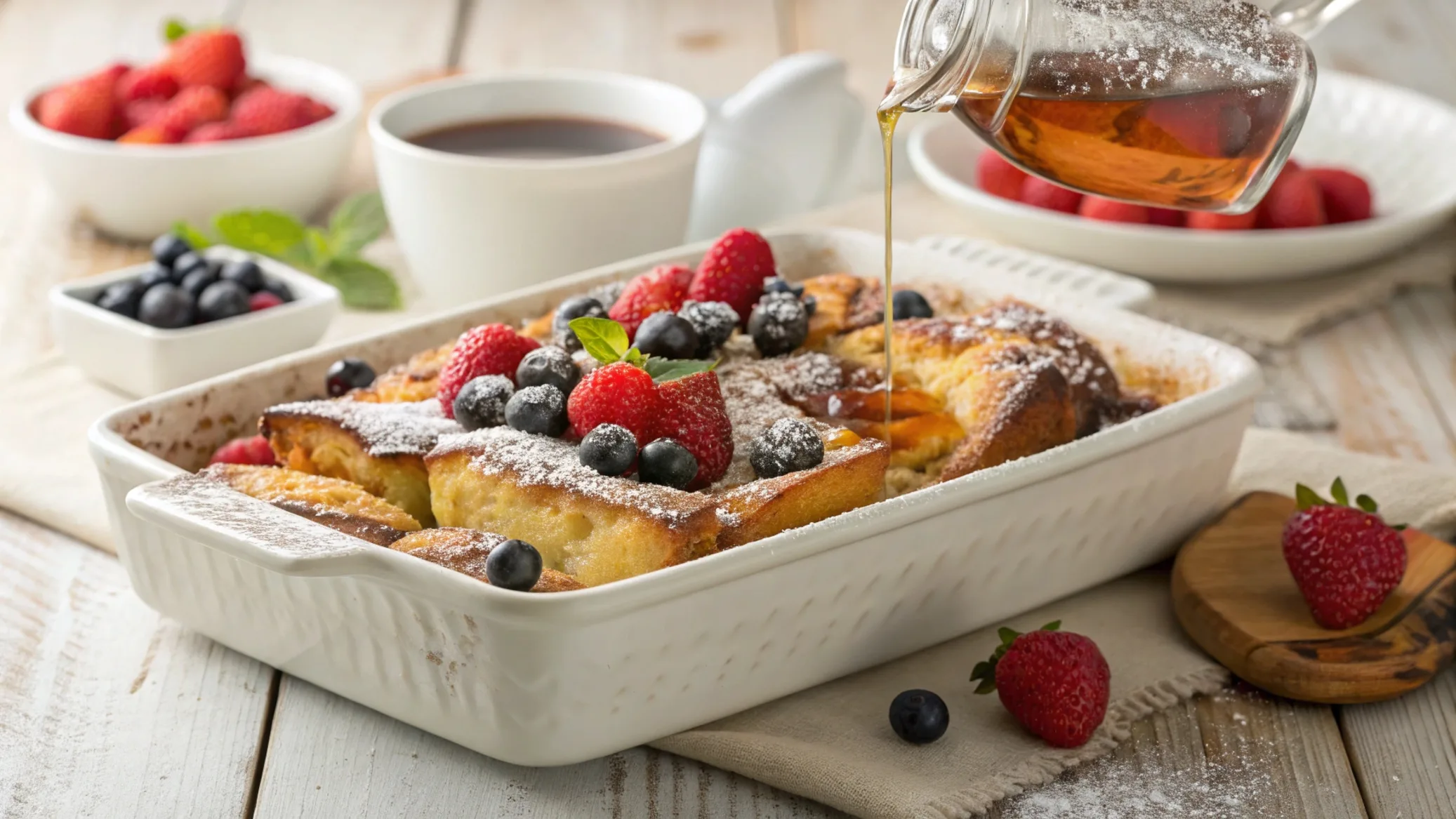 Golden-brown French toast casserole topped with powdered sugar and berries, served with maple syrup on a wooden table.