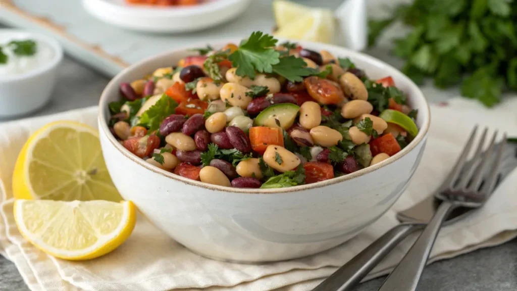 Close-up of dense bean salad in a white bowl, featuring black beans, chickpeas, kidney beans, fresh vegetables, and parsley garnish.