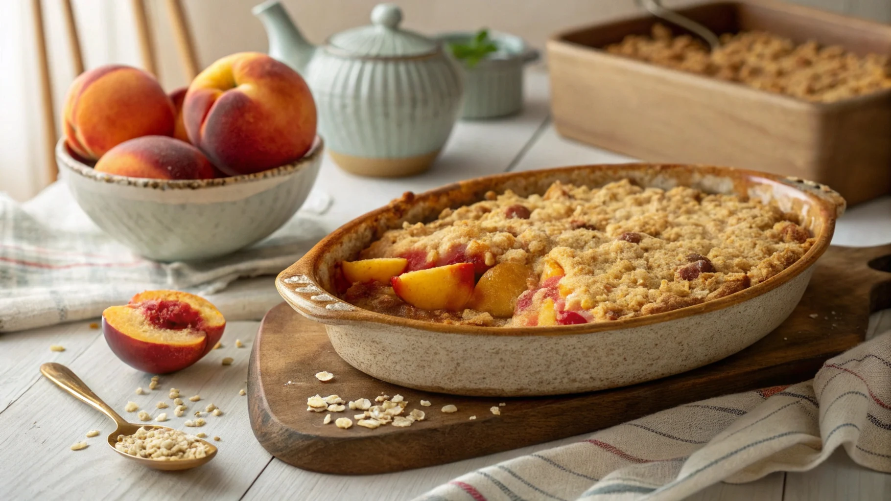 Freshly baked peach crisp in a rustic dish with golden topping and juicy peaches, surrounded by fresh peaches and oats on a wooden table.