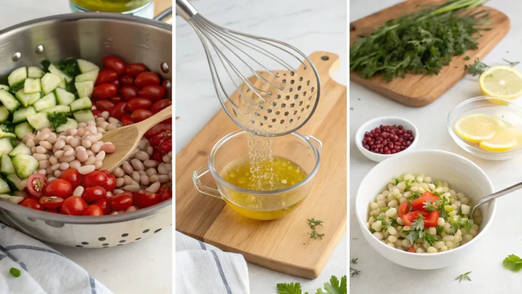 Step-by-step process of making a dense bean salad, including rinsing beans, chopping vegetables, and mixing dressing.