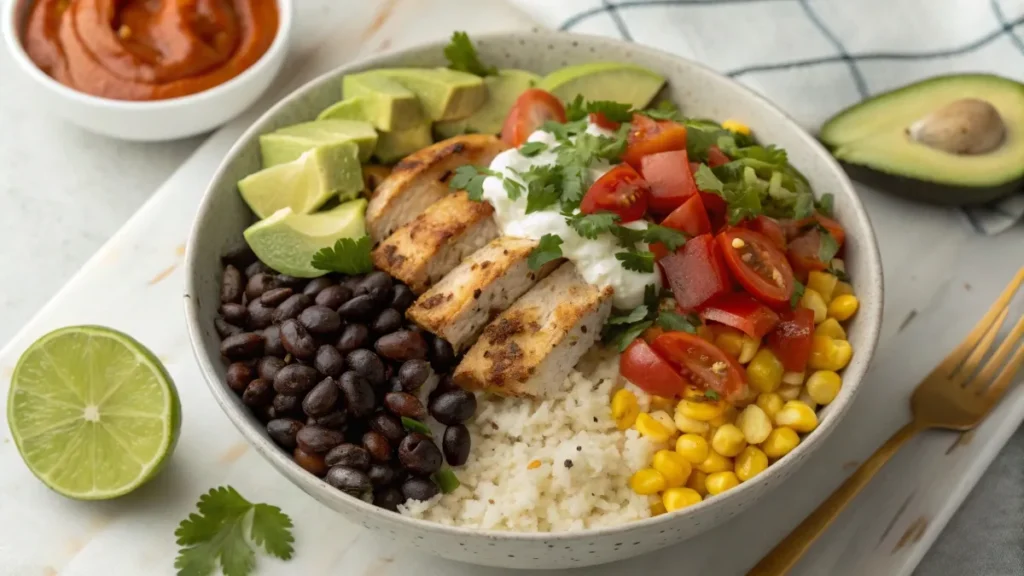 Top-down shot of a burrito bowl with jasmine rice, black beans, grilled chicken, corn, diced tomatoes, avocado slices, and chipotle sauce, garnished with lime and cilantro.