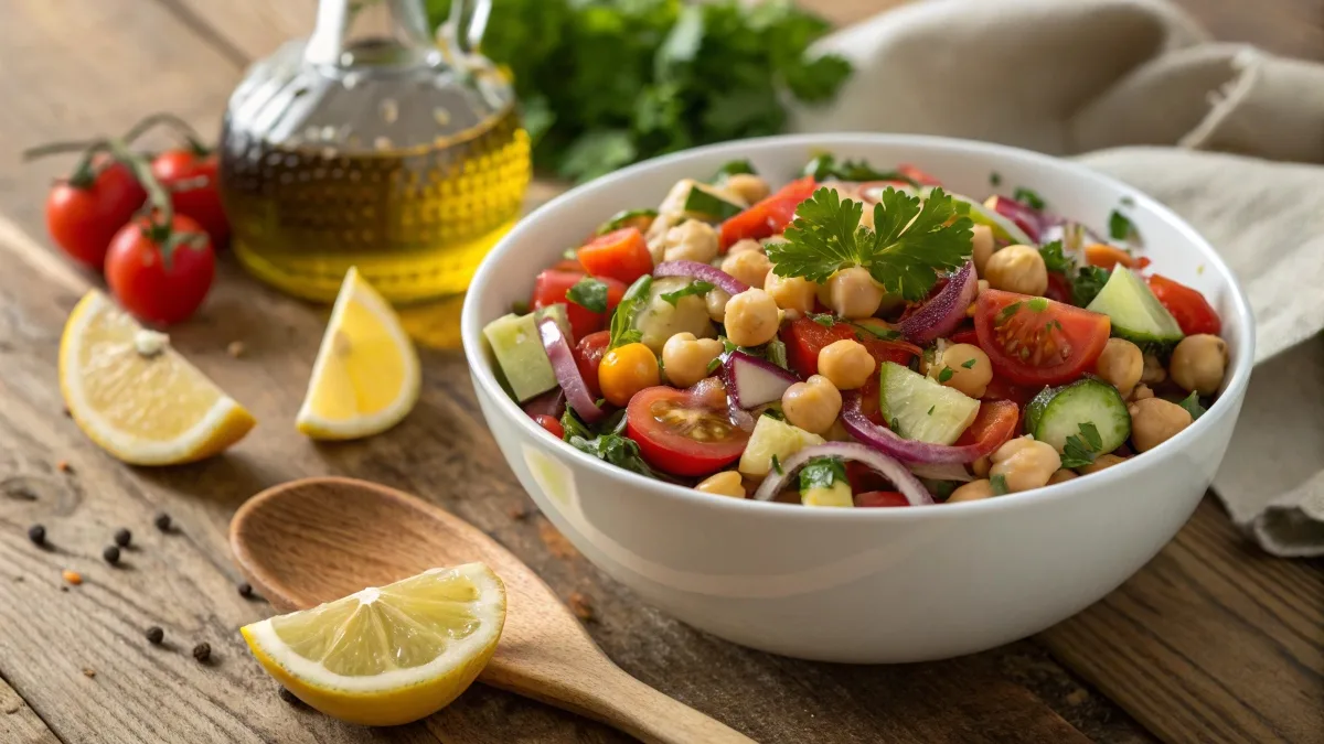 Mediterranean chickpea salad with colorful fresh vegetables and lemon wedges in a white bowl.