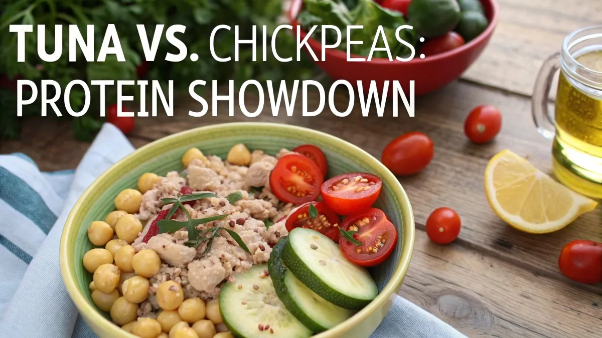 A Mediterranean-style bowl with tuna, chickpeas, fresh vegetables, and olive oil, highlighting their protein content.