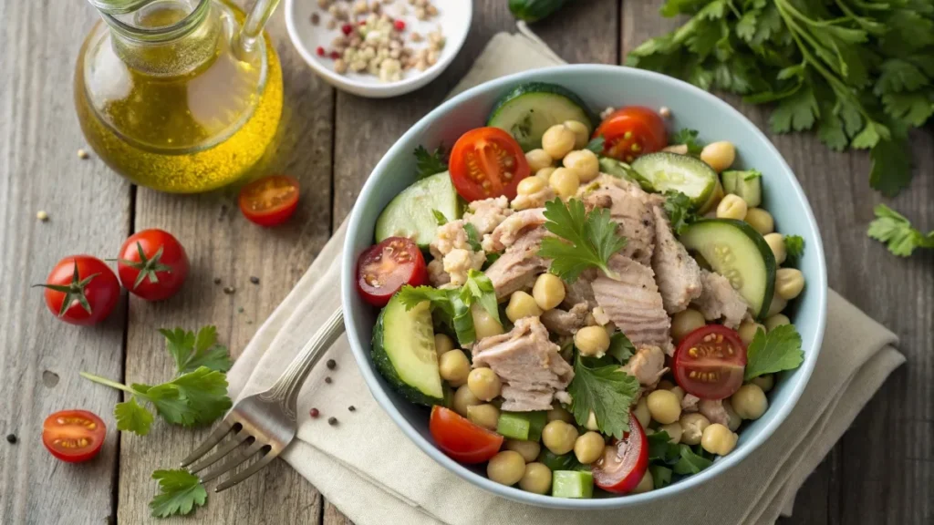 Top-down view of a Mediterranean salad with tuna, chickpeas, and fresh vegetables, drizzled with olive oil.