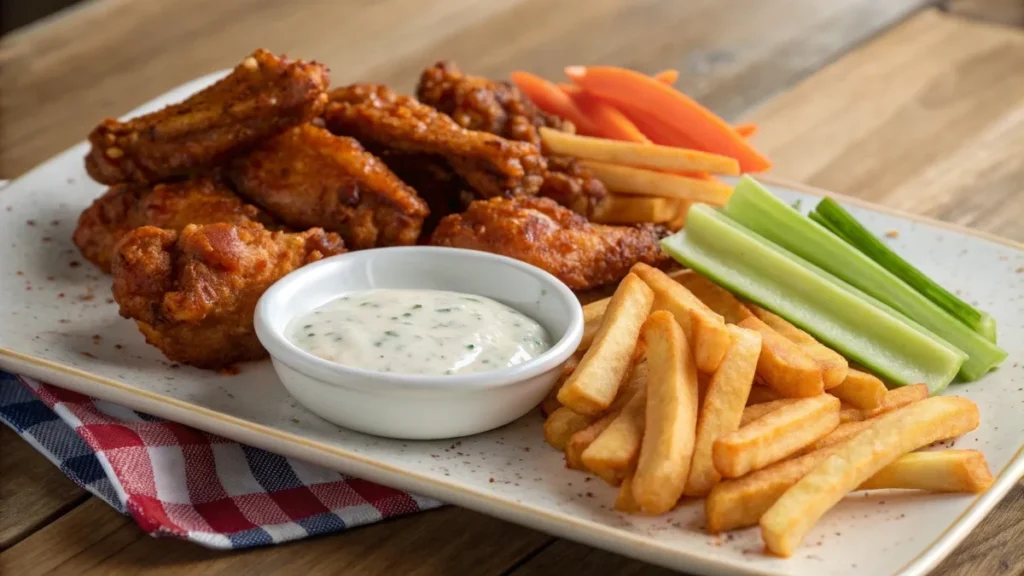 Buffalo chicken wings with French fries, celery sticks, carrot sticks, and blue cheese dressing on a casual platter.