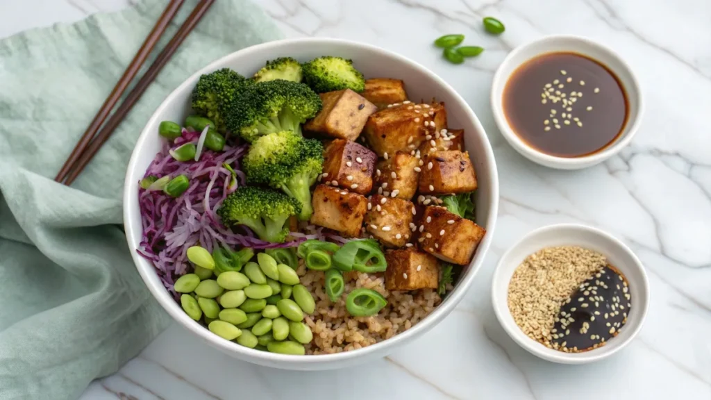 A rice bowl with brown rice, marinated tofu, broccoli, edamame, purple cabbage, and teriyaki sauce, garnished with sesame seeds and chili flakes.