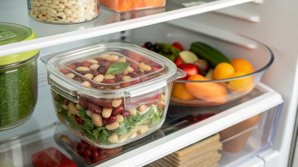 Airtight glass container filled with bean salad placed in a clean and organized refrigerator, highlighting freshness and proper storage.