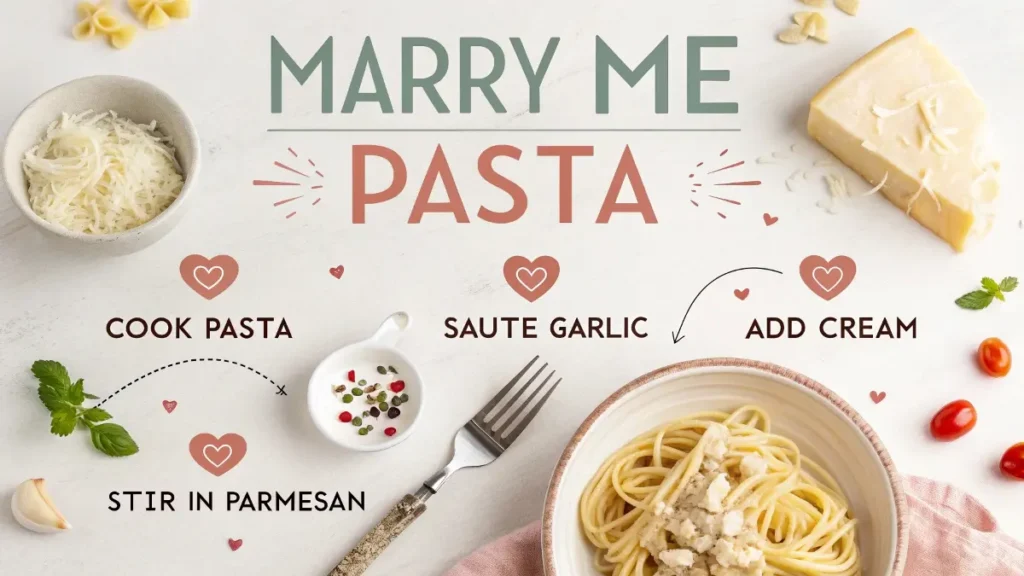 Infographic showing the step-by-step process of making marry me pasta, with icons for garlic, butter, cream, and parmesan, and labels like 'Cook Pasta' and 'Add Cream.'