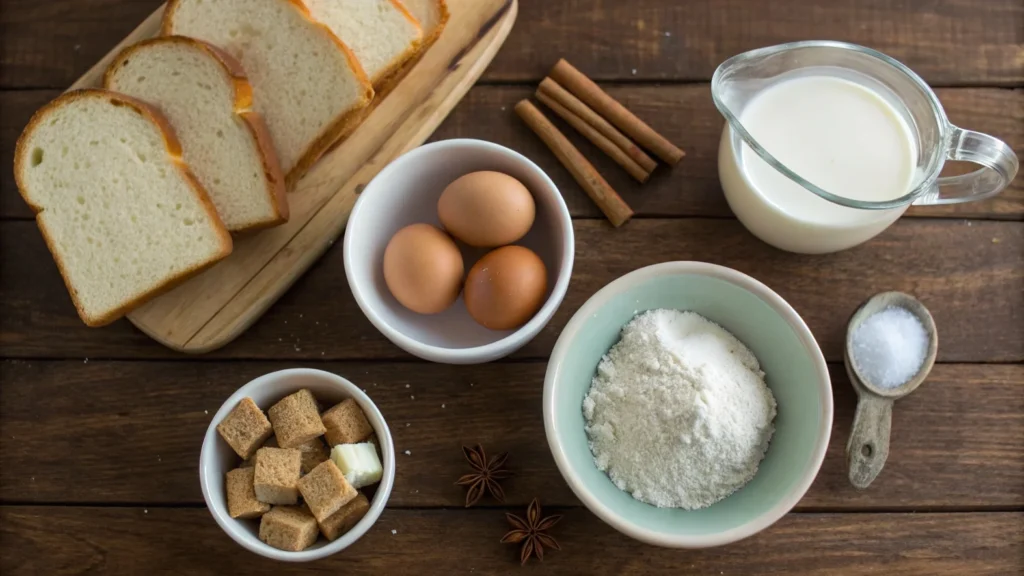 Overhead shot of French toast casserole ingredients, including bread, eggs, milk, cinnamon sticks, and sugar on a wooden table