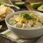 A bowl of white chicken chili topped with shredded cheese, avocado, cilantro, and tortilla chips on a wooden table with lime wedges.