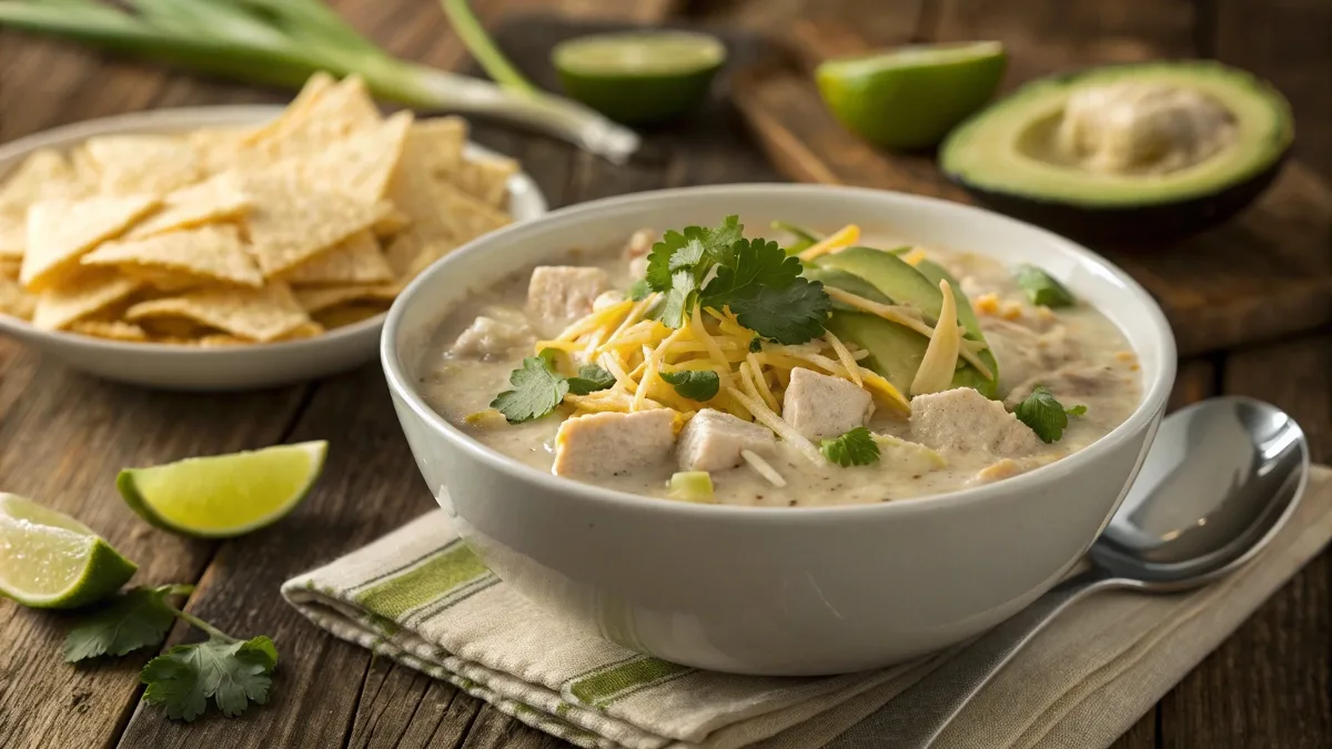 A bowl of white chicken chili topped with shredded cheese, avocado, cilantro, and tortilla chips on a wooden table with lime wedges.