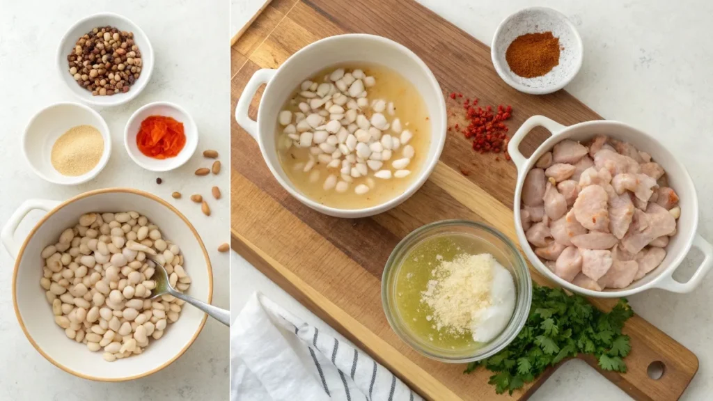 Ingredients for white chicken chili, including chicken, white beans, green chiles, spices, and broth, arranged on a wooden cutting board.
