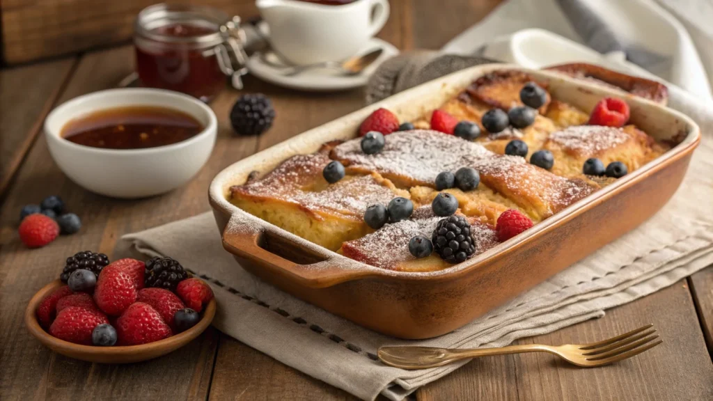 Golden-brown French toast casserole topped with powdered sugar and fresh berries on a rustic table.