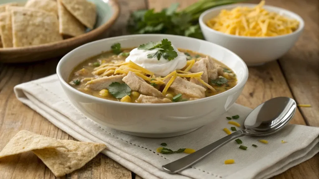 A bowl of thick white chicken chili garnished with shredded cheese, cilantro, and sour cream, served with cornbread and a spoon on a rustic table.